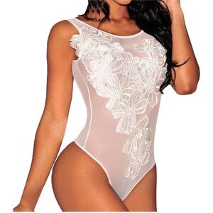 PURE HYPE White Sheer Lace Bodysuit Floral Mesh Lingerie Bridal Wedding 📐S